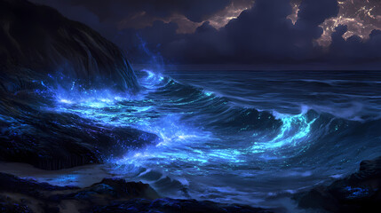 Duskborn waves, an ocean transformed by bioluminescence, glimmers eerily as waves dance in harmony with the tide, creating a mesmerizing nocturnal seascape. Bioluminescent Tidal Pools. Illustration