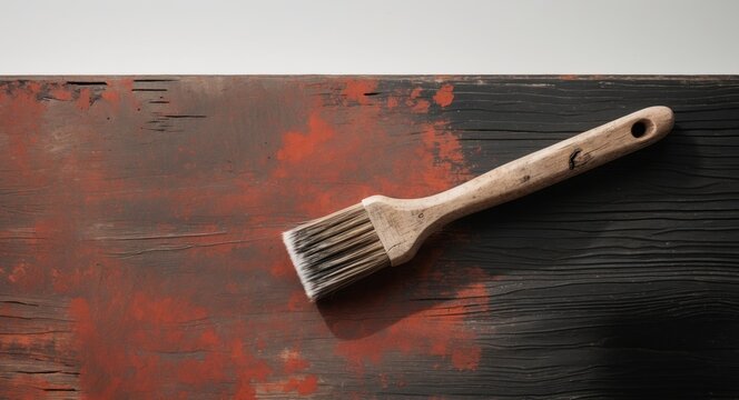 Artisan brush resting on a weathered red and black wooden surface showing strokes and texture - Powered by Adobe