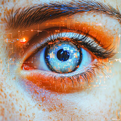 Female eye with printed circuit board overlay. Verification and national security
