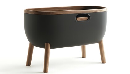 Chic modern garbage bin with wooden legs, isolated on white background, ultra HD photo,