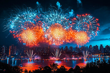 Fireworks on the dark sky background. Fireworks light up the night sky.