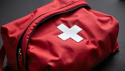 Naklejka premium Close-up of first aid kit zipper with medical cross emblem, safety symbol