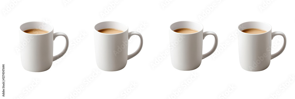 Poster angled coffee mug mockup set with smooth edges and handle focus, placed on a white background or tra