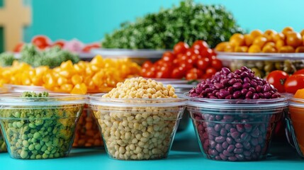 Colorful assortment of fresh legumes and vegetables in clear containers on a vibrant background