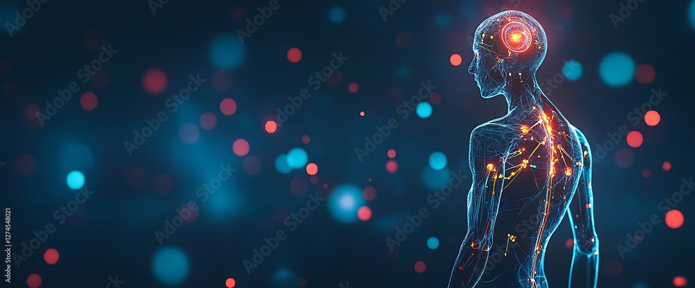Poster futuristic visualization of human nervous system and brain with glowing neural connections