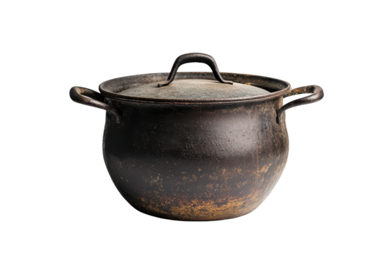 A rustic cast iron pot resting on a clean surface ready for culinary adventures isolated on transparent background