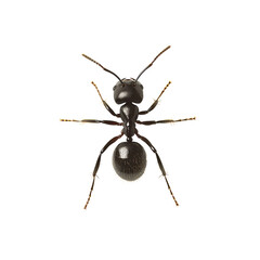 Black garden ant in sharp focus on white background with soft lighting showcasing exoskeleton