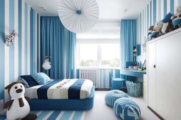 A charming child's bedroom featuring blue and white striped walls.