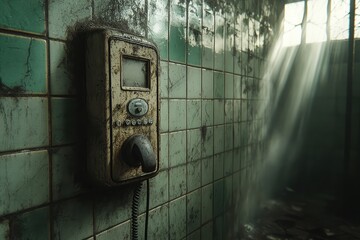  Vintage telephone mounted on tiled wall in abandoned room, decayed surface, broken tiles, soft sunlight rays, nostalgic mood, and forgotten technology.