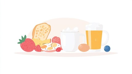 Colorful breakfast illustration with toast, eggs, fruit, milk, and beer