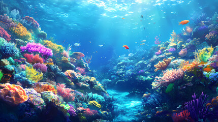 Fototapeta premium Vibrant underwater ecosystems featuring diverse marine species lush coral reefs clear blue waters, fish, diversity, ocean, aquatic, life, habitat, seaweed. Bioluminescent Tidal Pools. Illustration