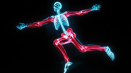 Fototapeta premium An artistic x-ray of a jumping skeleton with glowing bones, showcasing the dynamic movement and energy of the human form with vibrant red and blue highlights.