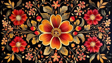 A vibrant floral design featuring large red and orange flowers with intricate leaves on a black background.