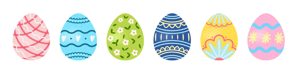 Set of vector Easter eggs with intricate decorations and pastel colors, ideal for holiday-themed designs, cards, and packaging