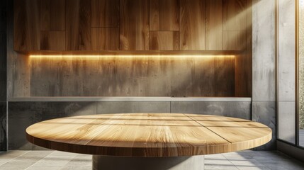 Fototapeta premium Clean kitchen interior with a round wood countertop, perfect for product montages or banners