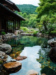 Naklejka premium Japanese style garden with pond, rocks, trees, and house in background.