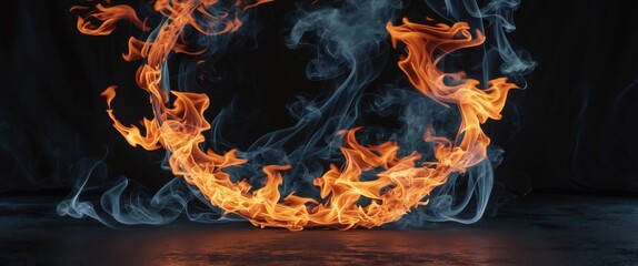 Colorful Ring of Fire and Smoke on Black Background.