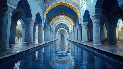 Obraz premium Reflection of a mosque's colorful tilework in clear water.
