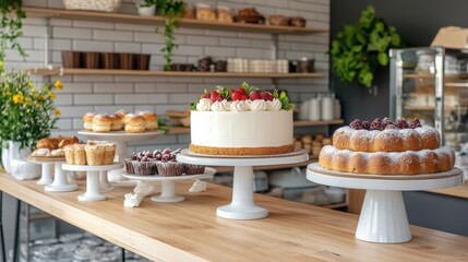 Fototapeta premium Display of various delicious desserts and pastries in a modern bakery with a cozy atmosphere