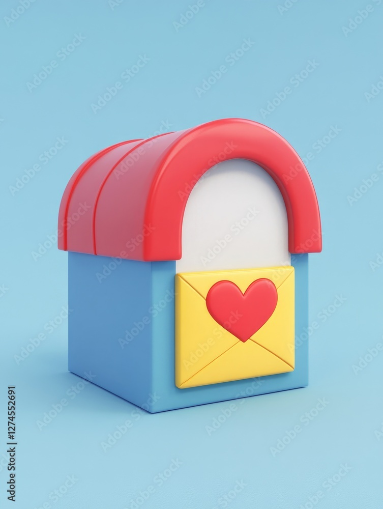 Poster 3d rendering of a mailbox with bright colors and heart symbol representing email communication.