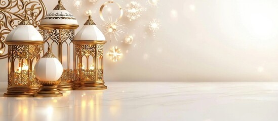 Elegant decor showcasing intricate white and gold lanterns in an Arabian theme.