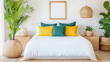 Modern bedroom with empty frame and vibrant decor elements