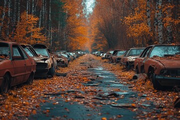 Fototapeta premium Rusted abandoned cars lining overgrown road, golden autumn leaves, eerie post-apocalyptic setting, forgotten history, decayed vehicles, moody nostalgic atmosphere.