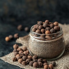 Glass jar filled with allspice berries on burlap with dark background