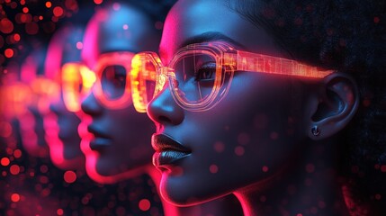 Futuristic eyewear, women, profile, neon, digital bokeh