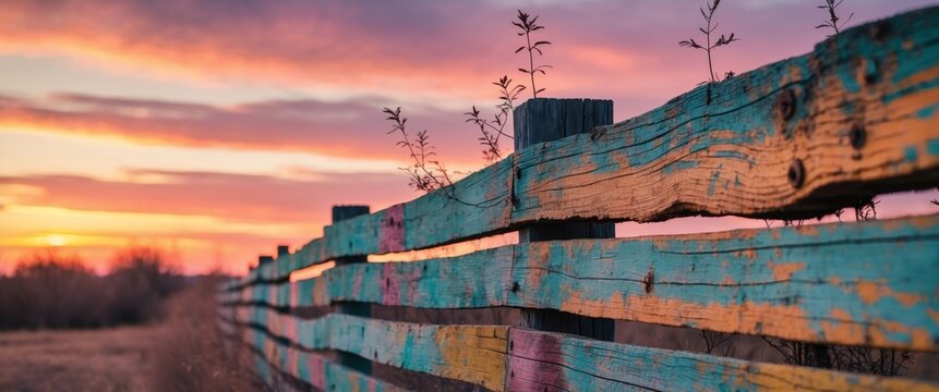 Colorful weathered wood fence sunset backdrop.
