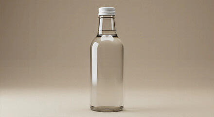 A transparent, empty glass bottle with a white cap, standing against a neutral, beige-colored background.