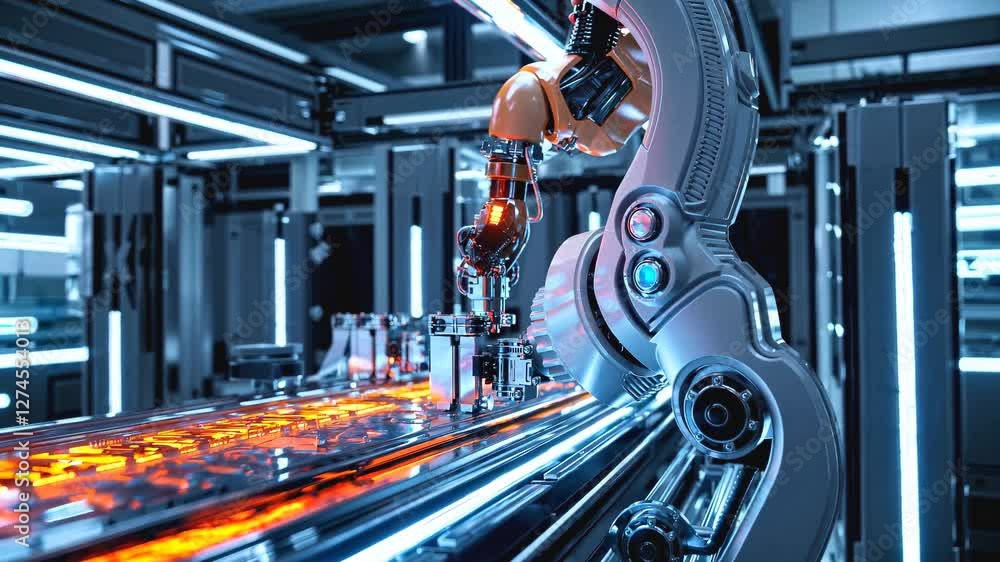 Poster circuit board assembly undergoes precision automation. orange mechanical manipulator performs intric