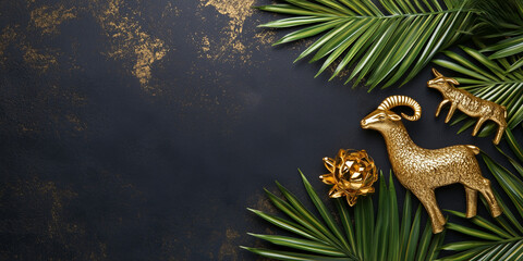 Obraz premium Gold goats and palm leaves on dark textured background