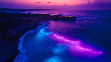 Naklejka premium Bioluminescent pink sand beach at twilight drone perspective ethereal mist crystal clear tidal pools. Bioluminescent Tidal Pools. Illustration