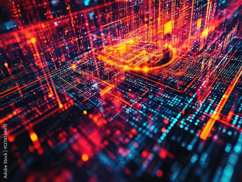 Poster abstract digital circuitry with red and blue lights on a microchip background.