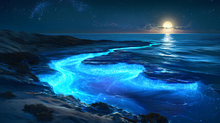 Naklejka premium Bioluminescent tide pool - underwater glow. Bioluminescent Tidal Pools. Illustration