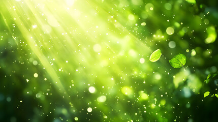 Sunlight filters through green foliage, illuminating floating particles in a serene natural setting