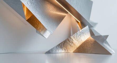 Abstract geometric design featuring textured surfaces and metallic accents.