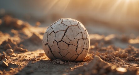 Cracked dried clay ball rests gently on warm earth under a golden sun.