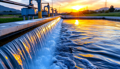 Wastewater treatment plant at sunset