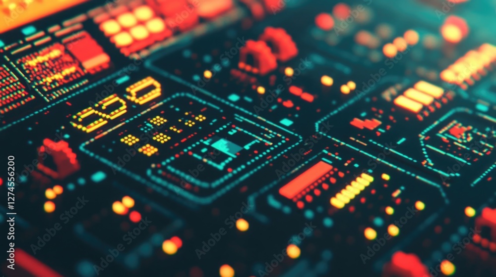 Poster a digital circuit board with illuminated red lights, representing a complex electronic design.
