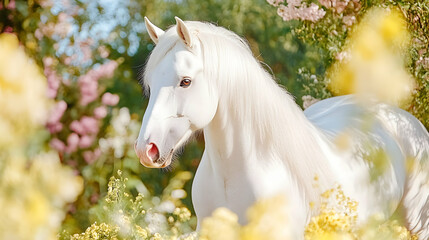White horse in colorful flower garden