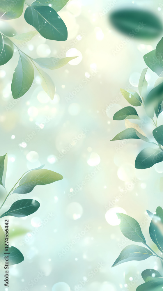 Poster green leaves framing soft bokeh, highlighting natural vibrancy and botanical freshness in minimalist