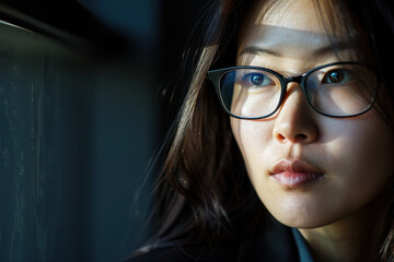 close up horizontal image of an asian girl looking outside the window, sunlight illuminating her face