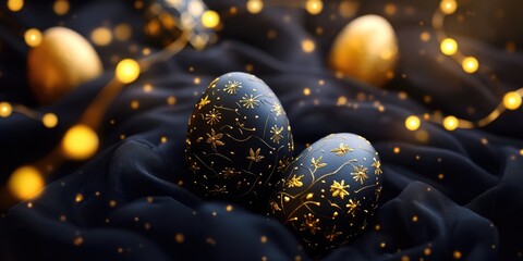 A pair of Easter eggs with gold decoration and a sparkling background, representing the joyful celebration of Easter holidays. Symbolizing the tradition of giving gifts during spring festivals.