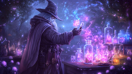 Wizard crafting glowing potions at night