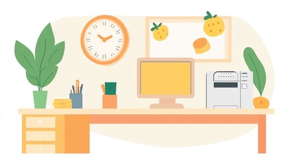 Colorful office desk with plants, clock, and fruits. Suitable for business, productivity, or interior design