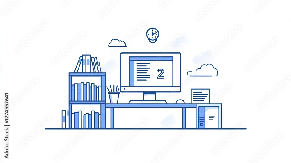 Poster office desk, computer screen, books, coding. workspace productivity background image