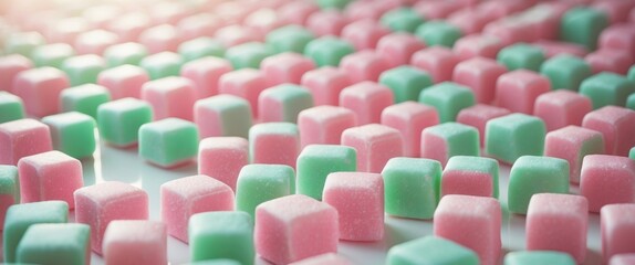 Obraz premium Pink and green cubed candies arranged closely together.