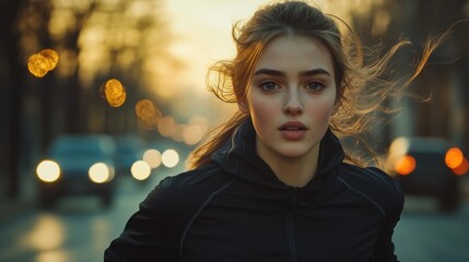 a young woman running down the street of a busy city with the lights and headlights of cars